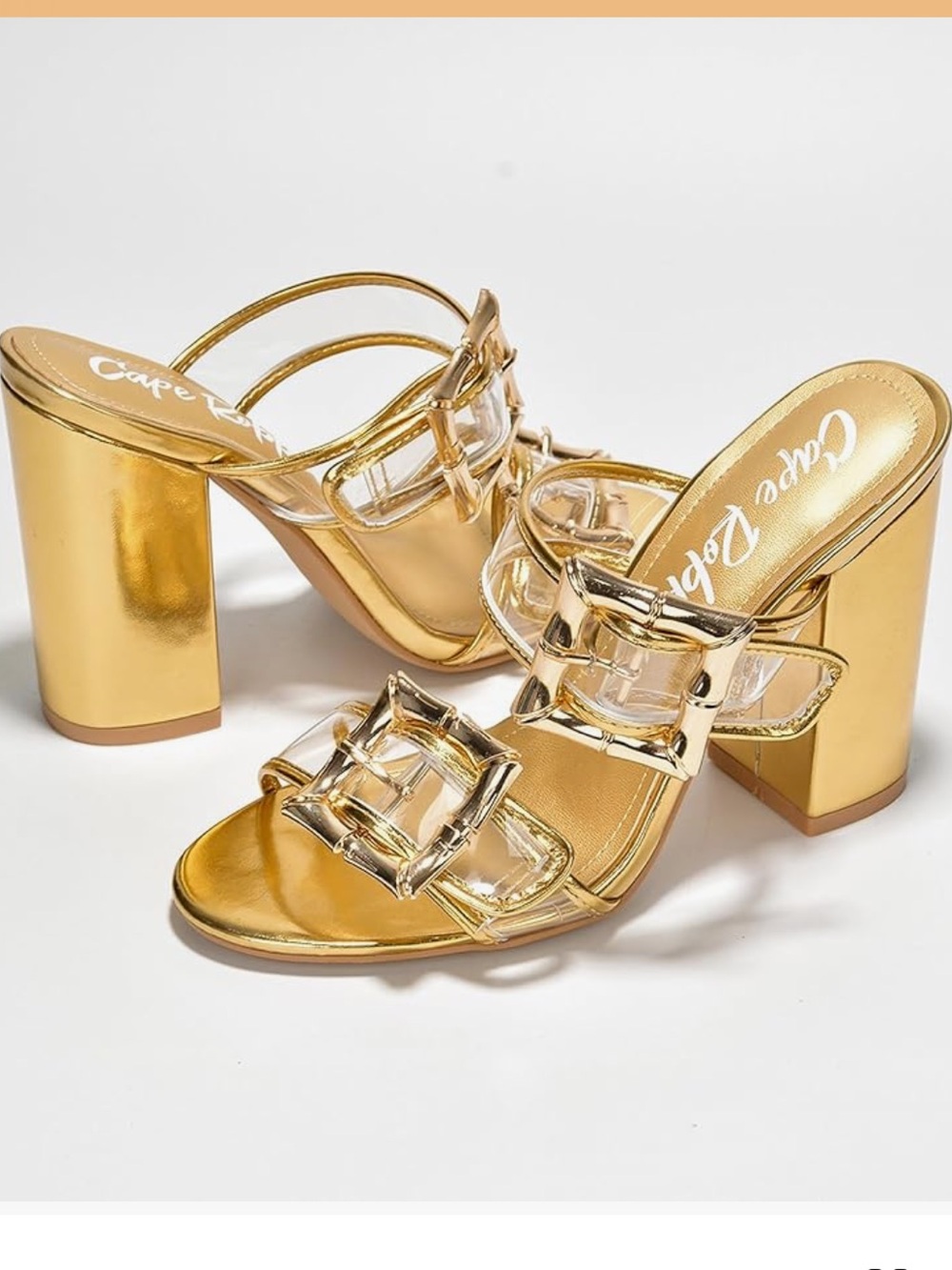 Cape Robbin Gold Metallic Block Heel Mules with Clear Straps